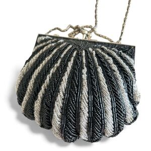 Vintage WALBORG Black Silver Beaded Shoulder Bag 19” Silver Chain strap 5”x 5.5”